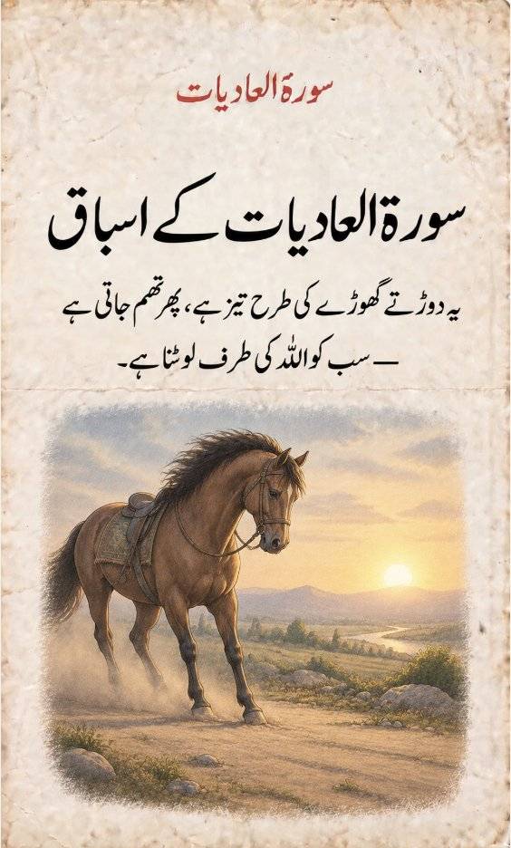 سورۃ العادیات کے اسباق – یہ دوڑتے گھوڑے کی طرح تیز ہے، پھر تھم جاتی ہے — سب کو اللہ کی طرف لوٹنا ہے۔