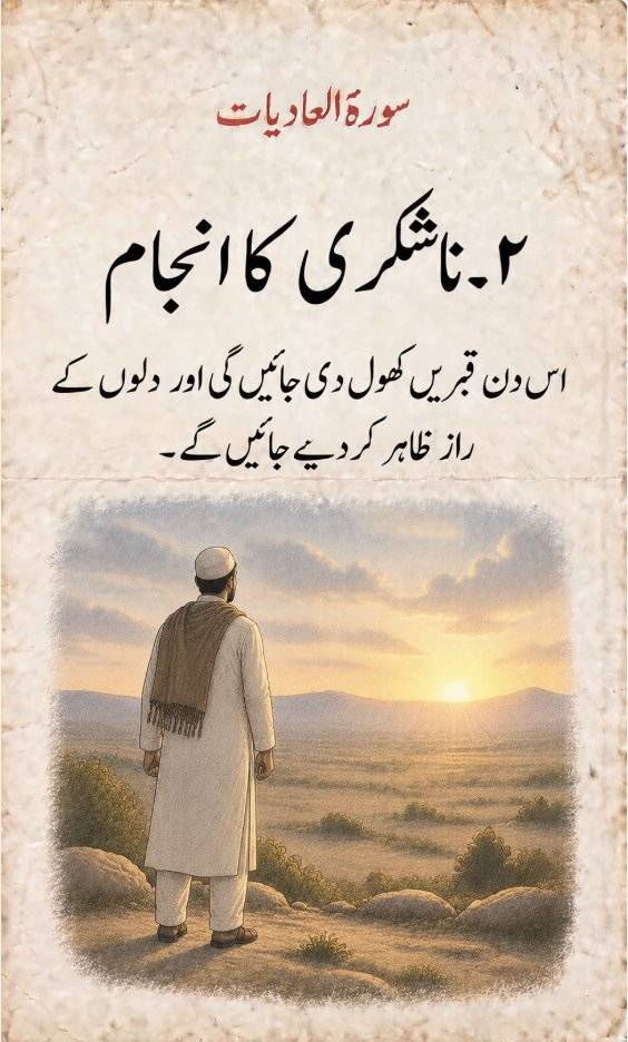 ٢۔ ناشکری کا انجام – اس دن قبریں کھول دی جائیں گی اور دلوں کے راز ظاہر کر دیے جائیں گے۔
