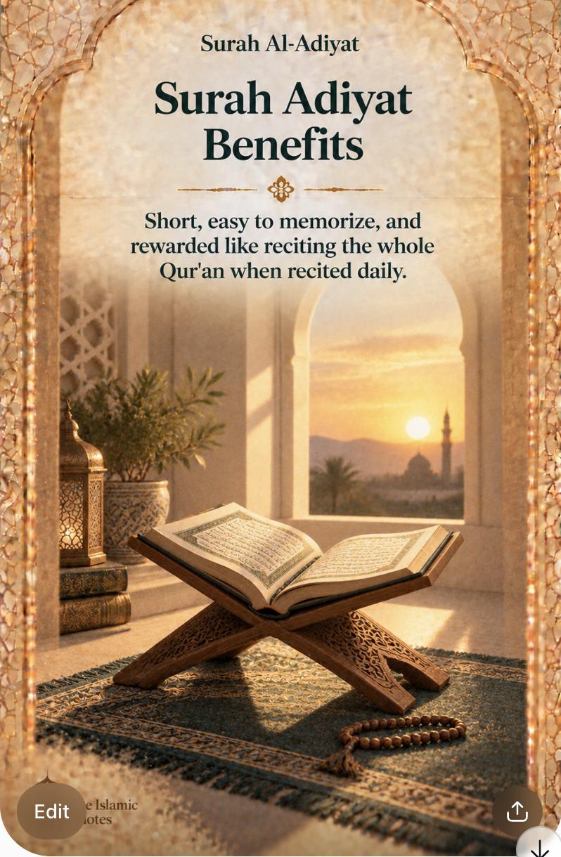 Surah Adiyat Benefits – Short, easy to memorize, and rewarded like reciting the whole Qur'an when recited daily.