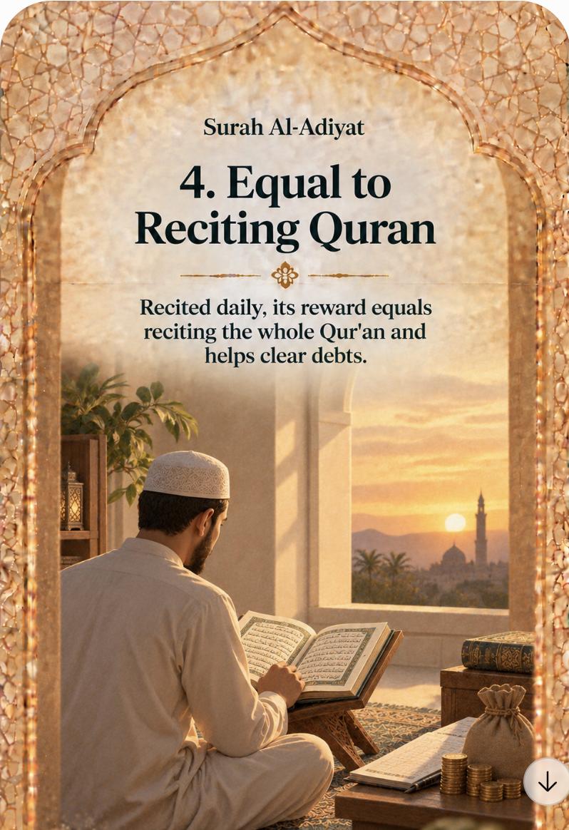 4. Equal to Reciting Quran – Recited daily, its reward equals reciting the whole Qur'an and helps clear debts.