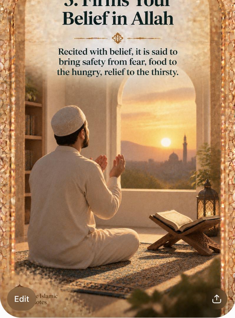 5. Firms Your Belief in Allah – Recited with belief, it is said to bring safety from fear, food to the hungry, relief to the thirsty.