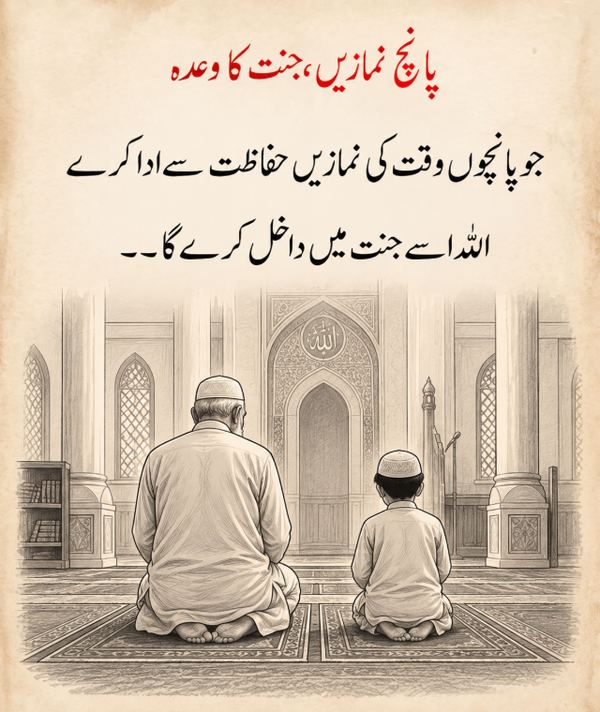 Urdu quote card - five daily prayers jannah