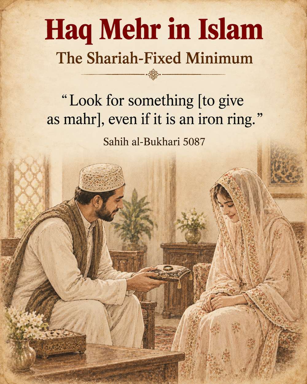 Shariah-fixed minimum for Haq Mehr - Sahih al-Bukhari 5087