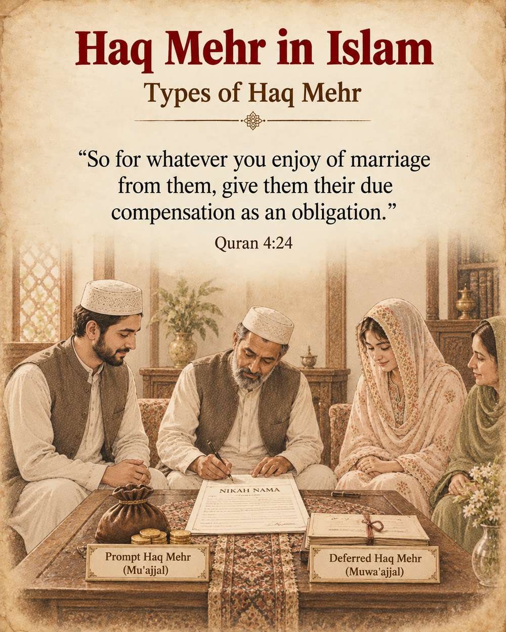 Types of Haq Mehr in Islam - Quran 4:24