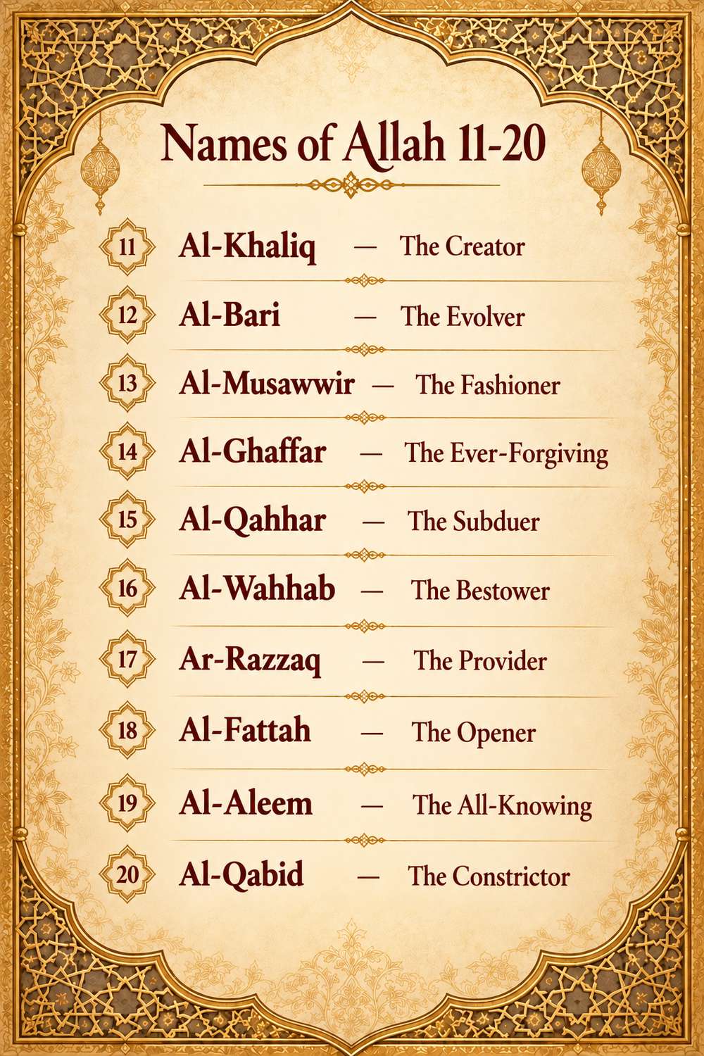 99 Names of Allah 11-20 with meanings