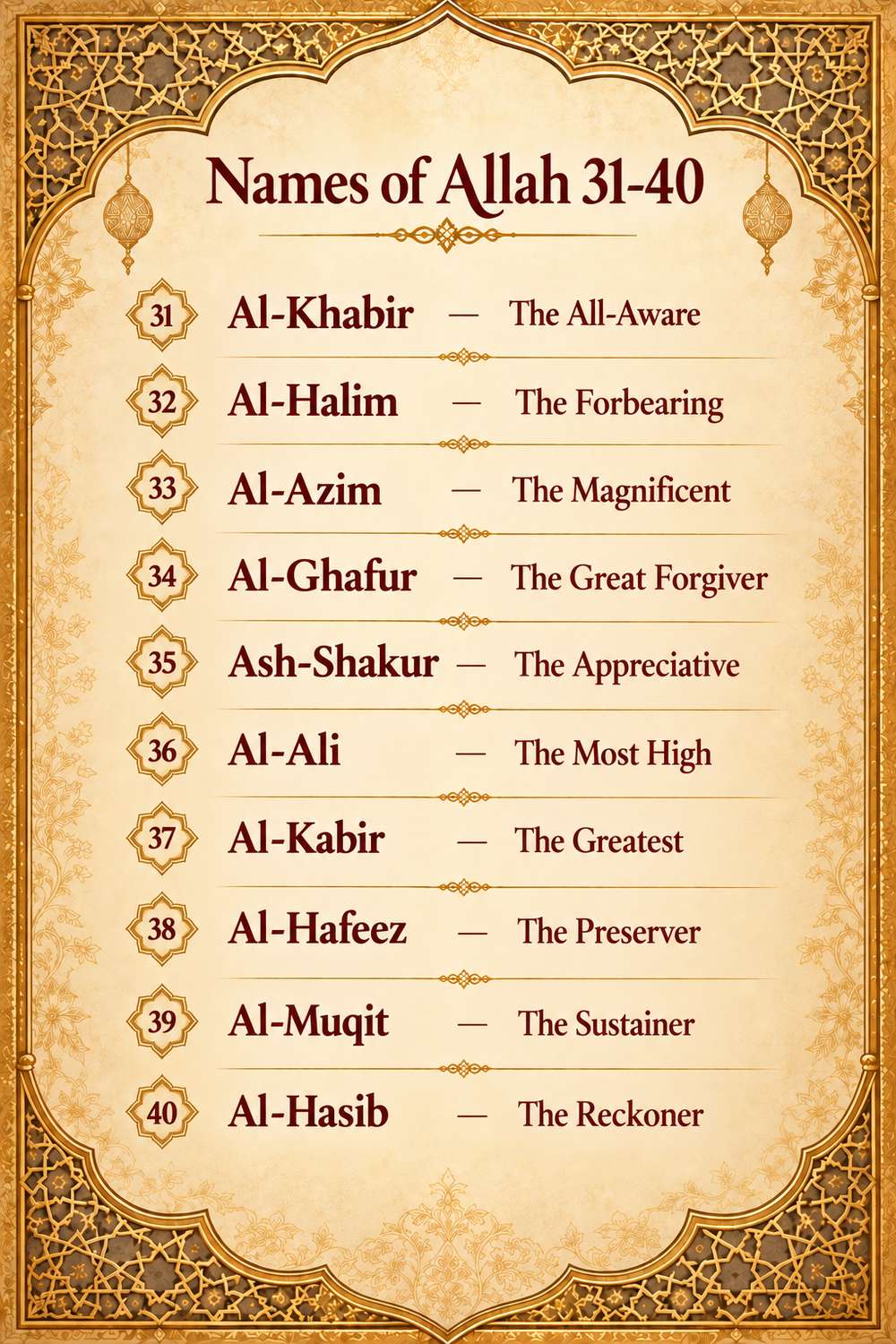 99 Names of Allah 31-40 with meanings